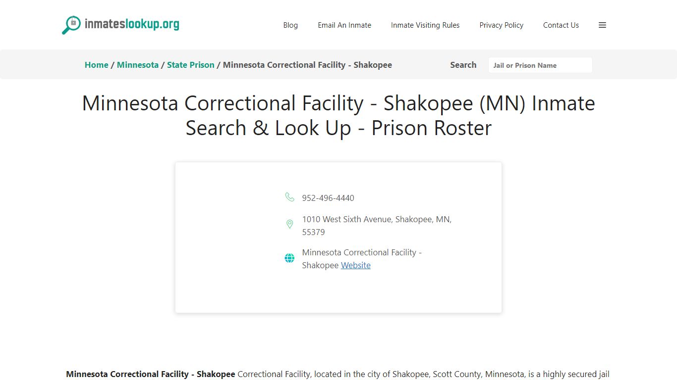 Minnesota Correctional Facility - Shakopee (MN) Inmate Search & Look Up ...